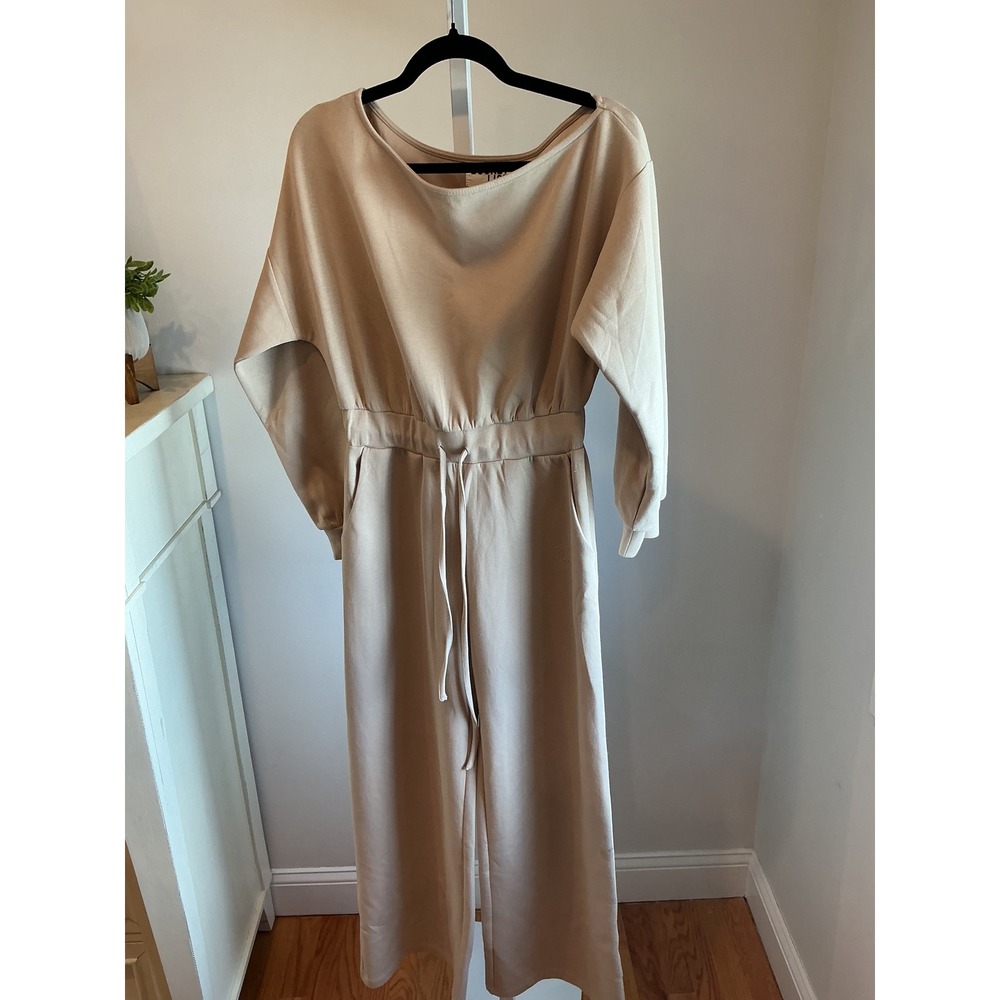Bucket List Tan Beige Wide Leg Long Sleeve Drawstring Waist Jumpsuit Small R5489